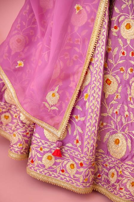 Shyam Narayan Prasad_Purple Silk, Organza Embroidery, Tassels Asymmetric Floral Gota Lehenga Set _at_Aza_Fashions