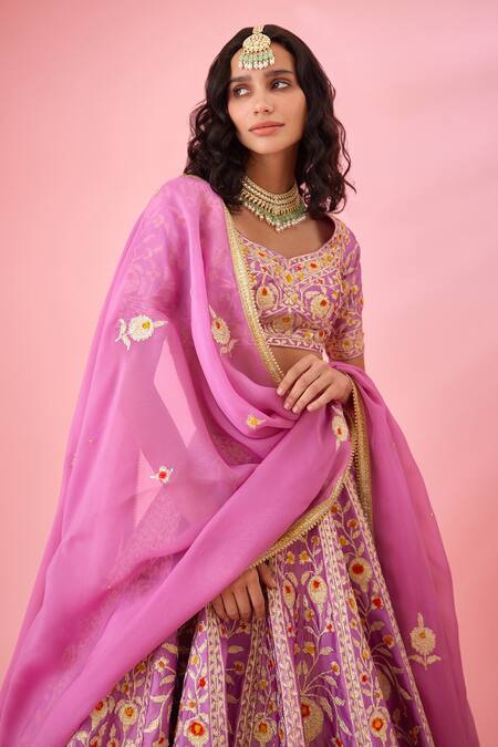 Buy_Shyam Narayan Prasad_Purple Silk, Organza Embroidery, Tassels Asymmetric Floral Gota Lehenga Set 