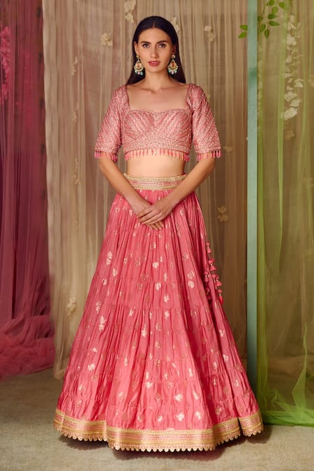 Shyam Narayan Prasad_Coral Brocade, Organza Zari, Tassels, Embroidery Pattern Bridal Lehenga Set _Online_at_Aza_Fashions