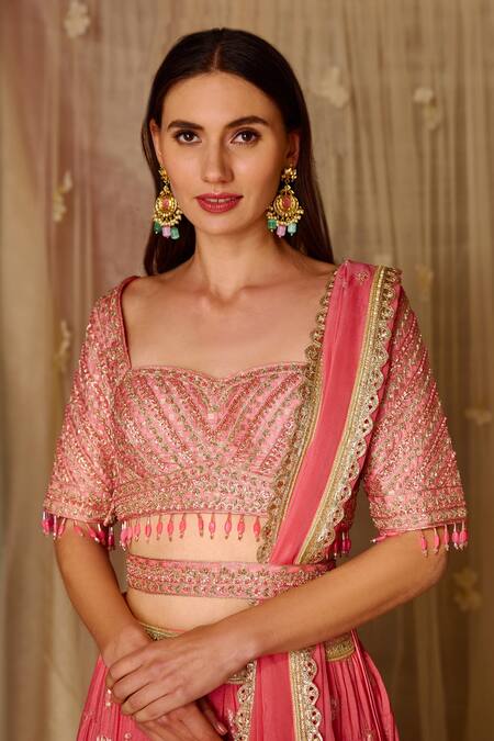 Shyam Narayan Prasad_Coral Brocade, Organza Zari, Tassels, Embroidery Pattern Bridal Lehenga Set _at_Aza_Fashions