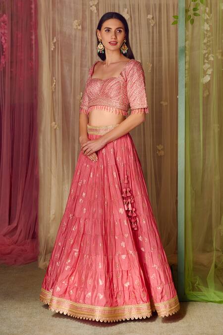 Buy_Shyam Narayan Prasad_Coral Brocade, Organza Zari, Tassels, Embroidery Pattern Bridal Lehenga Set _Online_at_Aza_Fashions