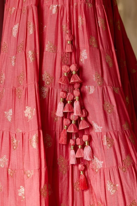 Shop_Shyam Narayan Prasad_Coral Brocade, Organza Zari, Tassels, Embroidery Pattern Bridal Lehenga Set _Online_at_Aza_Fashions