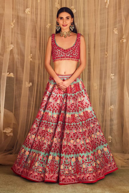 Shyam Narayan Prasad_Blue Brocade, Net Tassels, Beads, Sequins, And Thread Work Bridal Lehenga Set _Online_at_Aza_Fashions
