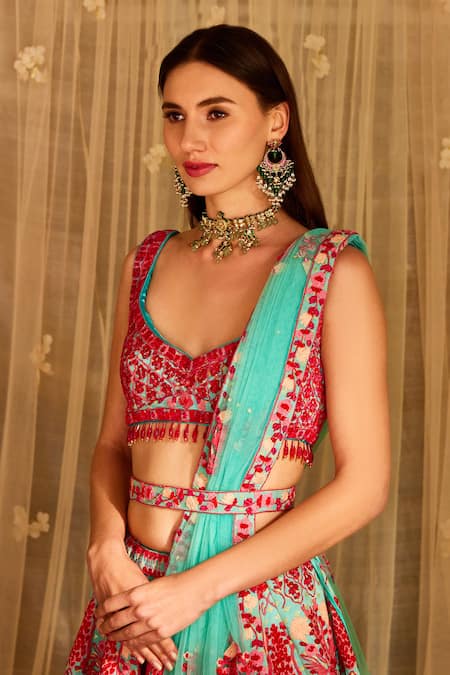 Shop_Shyam Narayan Prasad_Blue Brocade, Net Tassels, Beads, Sequins, And Thread Work Bridal Lehenga Set _Online_at_Aza_Fashions