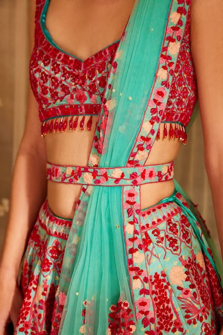 Shyam Narayan Prasad_Blue Brocade, Net Tassels, Beads, Sequins, And Thread Work Bridal Lehenga Set _at_Aza_Fashions