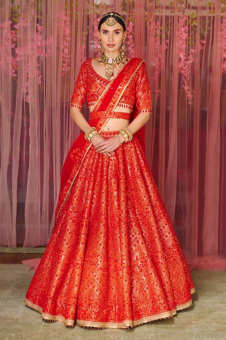 Shyam Narayan Prasad_Red Brocade, Net Tassels, Embroidery, Applique And Thread Work Bridal Lehenga Set _Online_at_Aza_Fashions