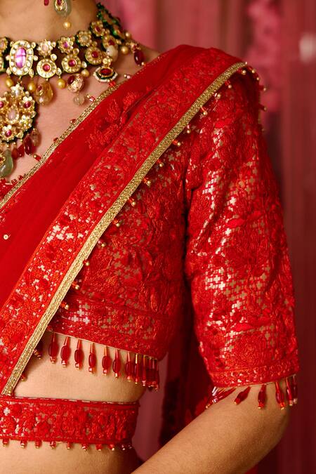Buy_Shyam Narayan Prasad_Red Brocade, Net Tassels, Embroidery, Applique And Thread Work Bridal Lehenga Set _Online_at_Aza_Fashions