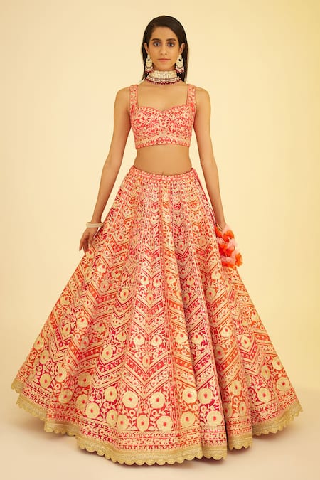 Shyam Narayan Prasad_Red Silk, Organza Lace, Embroidery, Panelled Bridal Lehenga Set With Sleeves _Online_at_Aza_Fashions