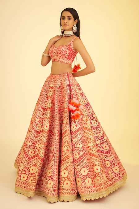 Buy_Shyam Narayan Prasad_Red Silk, Organza Lace, Embroidery, Panelled Bridal Lehenga Set With Sleeves _Online_at_Aza_Fashions