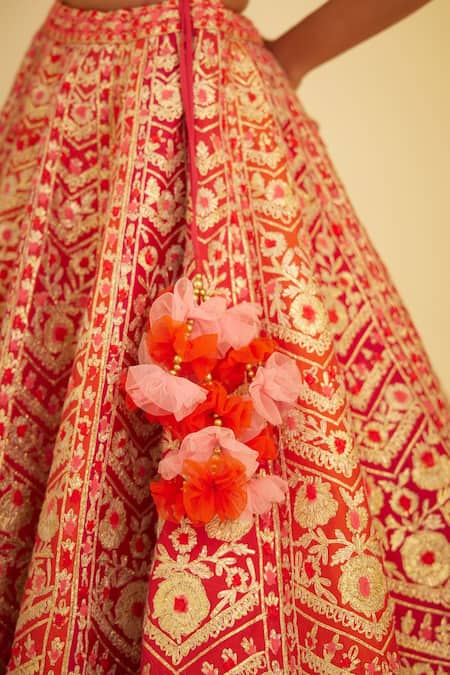 Shop_Shyam Narayan Prasad_Red Silk, Organza Lace, Embroidery, Panelled Bridal Lehenga Set With Sleeves _Online_at_Aza_Fashions