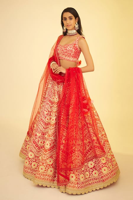Shyam Narayan Prasad_Red Silk, Organza Lace, Embroidery, Panelled Bridal Lehenga Set With Sleeves _at_Aza_Fashions