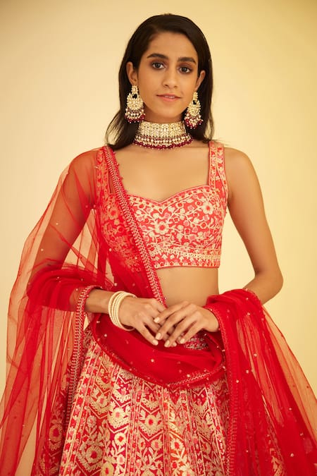 Buy_Shyam Narayan Prasad_Red Silk, Organza Lace, Embroidery, Panelled Bridal Lehenga Set With Sleeves 