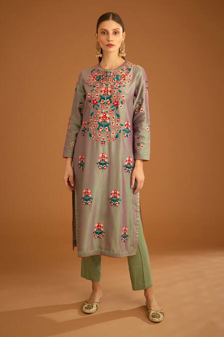 Shop_Shyam Narayan Prasad_Grey Chanderi Embroidery Round Neck Floral Kurta Set _Online_at_Aza_Fashions