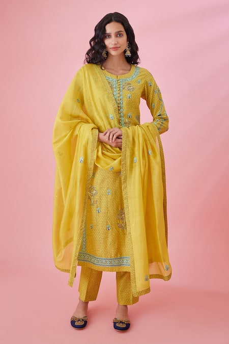 Shop_Shyam Narayan Prasad_Yellow Chanderi Silk Sequins, Embroidery Round Neck Block Printed Kurta Set _Online_at_Aza_Fashions