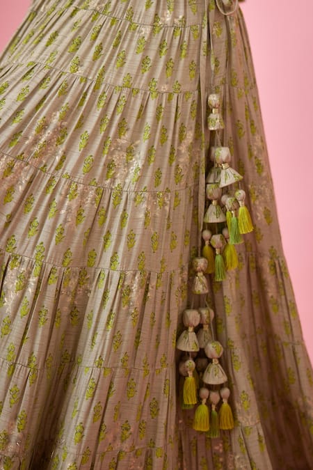 Buy_Shyam Narayan Prasad_Green Brocade, Silk Embroidery, Applique, Tassels Floral Print Lehenga Set _Online_at_Aza_Fashions