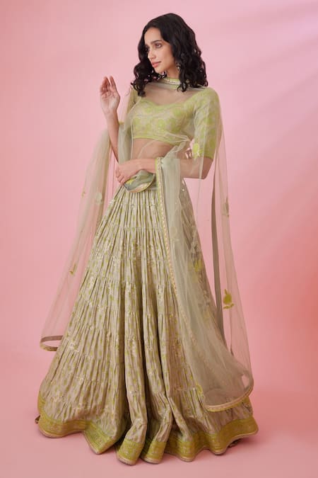 Shop_Shyam Narayan Prasad_Green Brocade, Silk Embroidery, Applique, Tassels Floral Print Lehenga Set _Online_at_Aza_Fashions