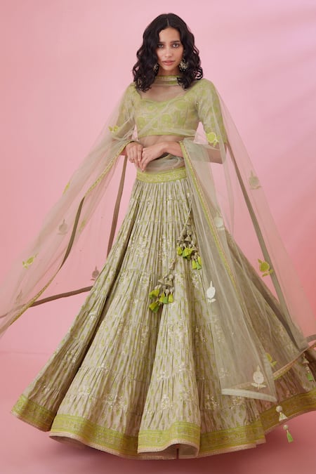 Shyam Narayan Prasad_Green Brocade, Silk Embroidery, Applique, Tassels Floral Print Lehenga Set _at_Aza_Fashions