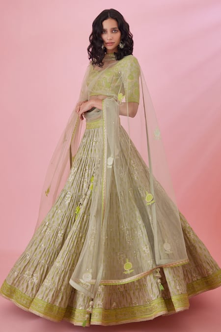 Buy_Shyam Narayan Prasad_Green Brocade, Silk Embroidery, Applique, Tassels Floral Print Lehenga Set 