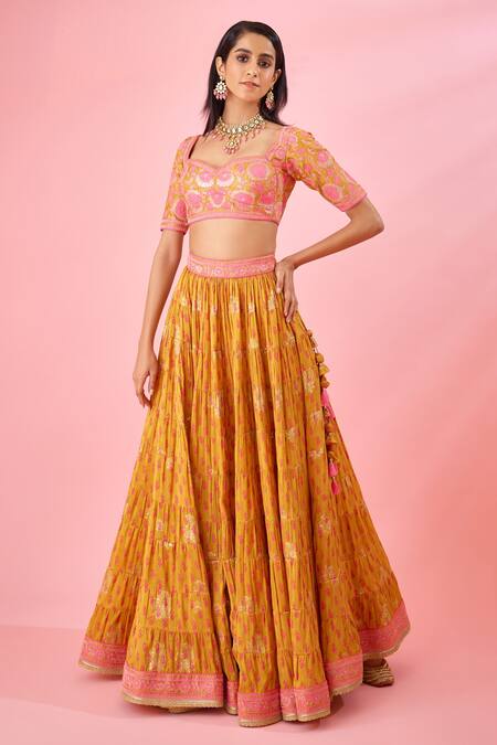 Shyam Narayan Prasad_Orange Silk, Brocade, Chiffon Embroidery, Applique, Tiered Lehenga Blouse Set _Online_at_Aza_Fashions