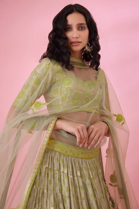 Shop_Shyam Narayan Prasad_Green Brocade, Silk Embroidery, Applique, Tassels Floral Print Lehenga Set 