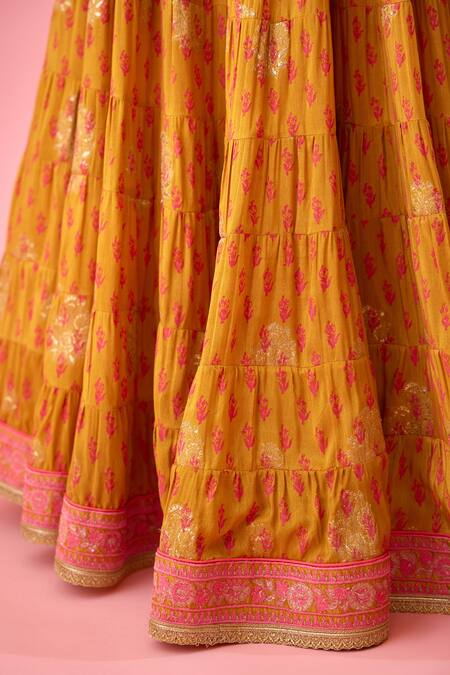 Buy_Shyam Narayan Prasad_Orange Silk, Brocade, Chiffon Embroidery, Applique, Tiered Lehenga Blouse Set _Online_at_Aza_Fashions