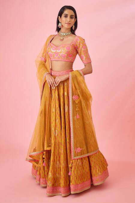 Shop_Shyam Narayan Prasad_Orange Silk, Brocade, Chiffon Embroidery, Applique, Tiered Lehenga Blouse Set _Online_at_Aza_Fashions