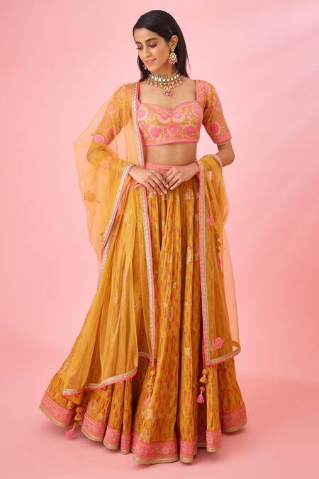Shyam Narayan Prasad_Orange Silk, Brocade, Chiffon Embroidery, Applique, Tiered Lehenga Blouse Set _at_Aza_Fashions