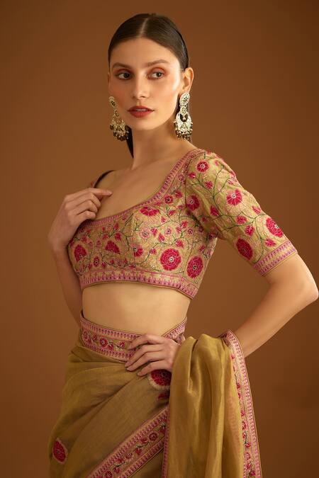 Shyam Narayan Prasad_Yellow Chanderi Embroidered Applique Scoop Neck Saree With Blouse _at_Aza_Fashions