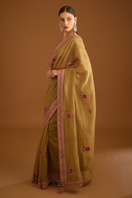 Shyam Narayan Prasad_Yellow Chanderi Embroidered Applique Scoop Neck Saree With Blouse _Online_at_Aza_Fashions