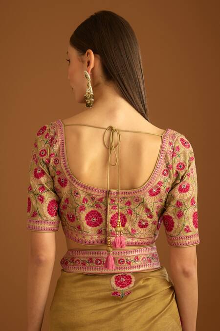 Shop_Shyam Narayan Prasad_Yellow Chanderi Embroidered Applique Scoop Neck Saree With Blouse _Online_at_Aza_Fashions