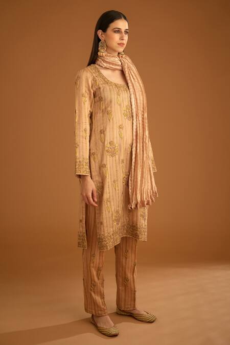 Shop_Shyam Narayan Prasad_Pink Chanderi, Tissue Embroidery Round Neck Dori And Thread Kurta Set _Online_at_Aza_Fashions