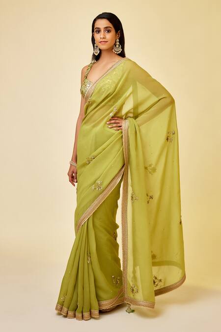 Shyam Narayan Prasad_Green Organza, Brocade Embroidery, Zari Sweetheart Zardozi Saree And Blouse Set _Online_at_Aza_Fashions