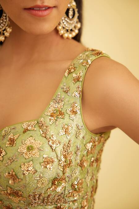 Shop_Shyam Narayan Prasad_Green Organza, Brocade Embroidery, Zari Sweetheart Zardozi Saree And Blouse Set _Online_at_Aza_Fashions