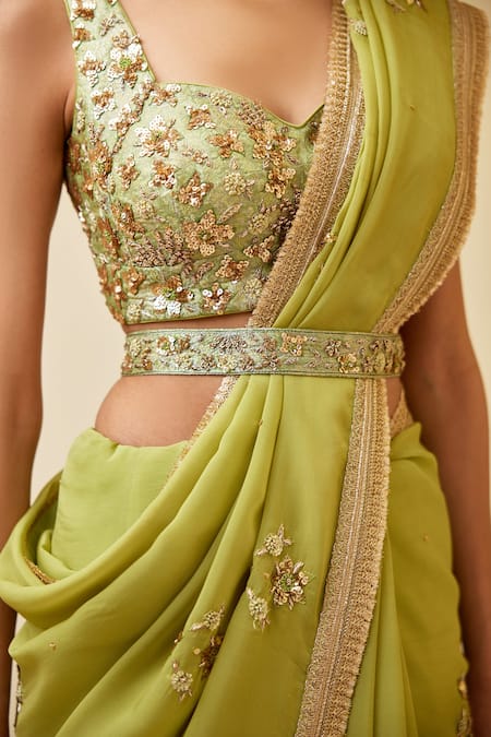 Buy_Shyam Narayan Prasad_Green Organza, Brocade Embroidery, Zari Sweetheart Zardozi Saree And Blouse Set _Online_at_Aza_Fashions