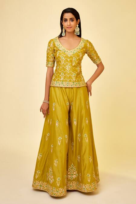 Shyam Narayan Prasad_Green Chanderi Silk Gota Patti, Embroidery, Sequins, Tassels V-neck Sharara Set _Online_at_Aza_Fashions