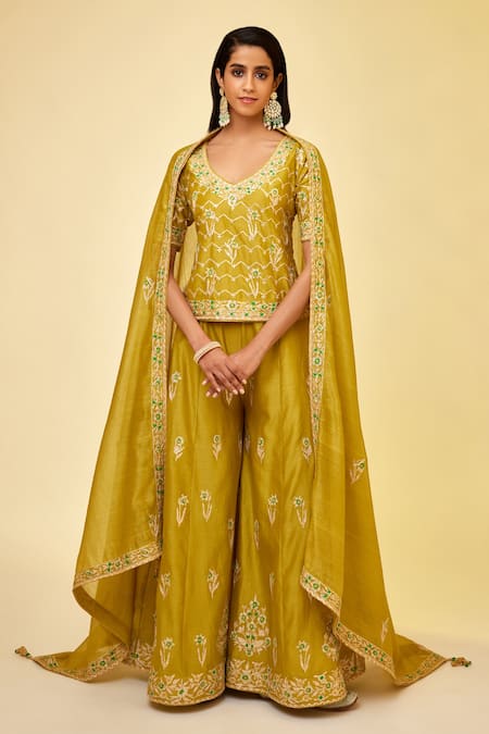 Shop_Shyam Narayan Prasad_Green Chanderi Silk Gota Patti, Embroidery, Sequins, Tassels V-neck Sharara Set _Online_at_Aza_Fashions