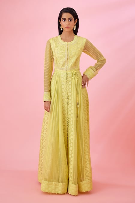 Shyam Narayan Prasad_Yellow Modal, Chanderi, Net Embroidery, Patchwork Round Floral Anarkali Set _Online_at_Aza_Fashions