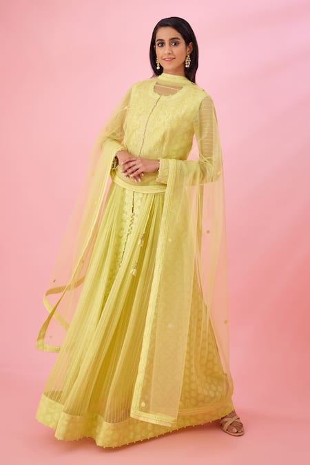 Shop_Shyam Narayan Prasad_Yellow Modal, Chanderi, Net Embroidery, Patchwork Round Floral Anarkali Set _Online_at_Aza_Fashions