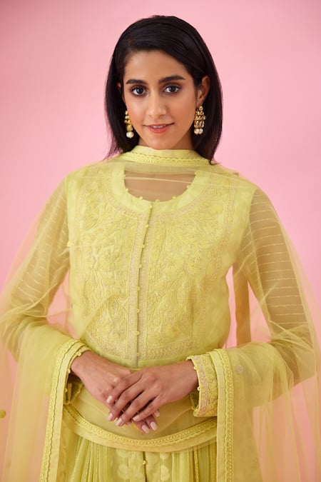 Shyam Narayan Prasad_Yellow Modal, Chanderi, Net Embroidery, Patchwork Round Floral Anarkali Set _at_Aza_Fashions