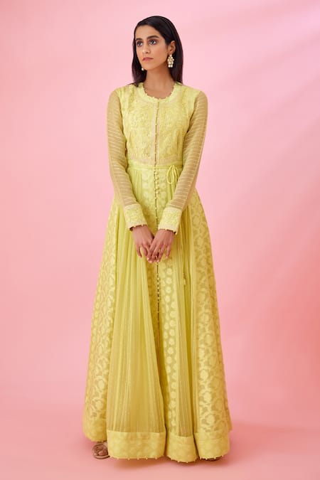 Buy_Shyam Narayan Prasad_Yellow Modal, Chanderi, Net Embroidery, Patchwork Round Floral Anarkali Set _Online_at_Aza_Fashions