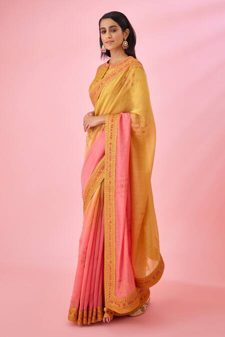 Shyam Narayan Prasad_Yellow Silk Dupion Embroidered Sequins Round Chanderi Saree With Blouse _Online_at_Aza_Fashions