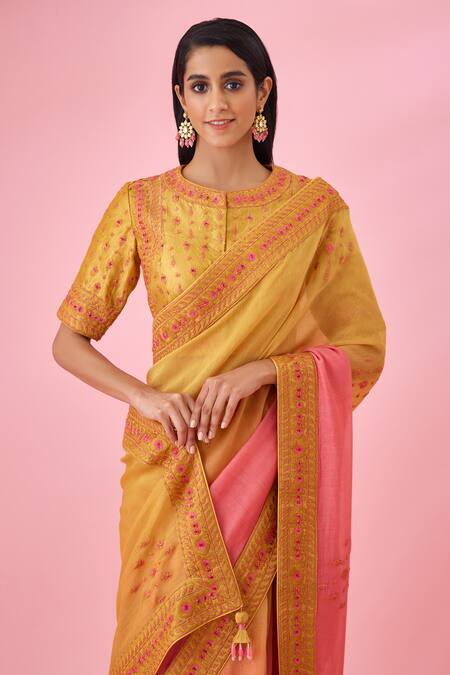 Buy_Shyam Narayan Prasad_Yellow Silk Dupion Embroidered Sequins Round Chanderi Saree With Blouse _Online_at_Aza_Fashions