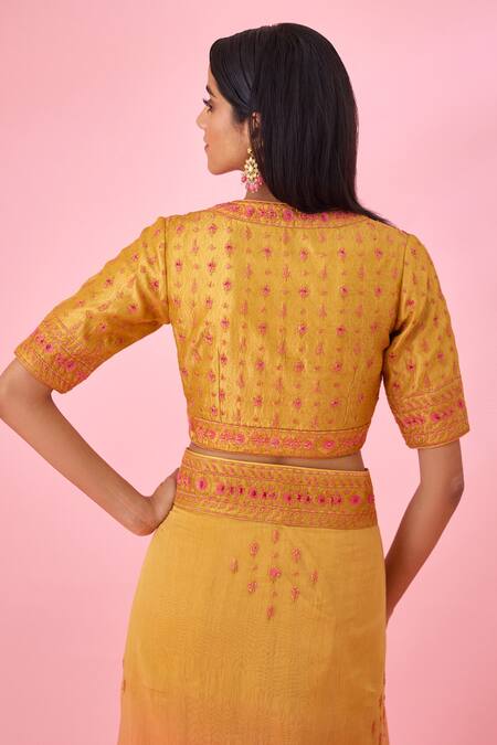 Shop_Shyam Narayan Prasad_Yellow Silk Dupion Embroidered Sequins Round Chanderi Saree With Blouse _Online_at_Aza_Fashions