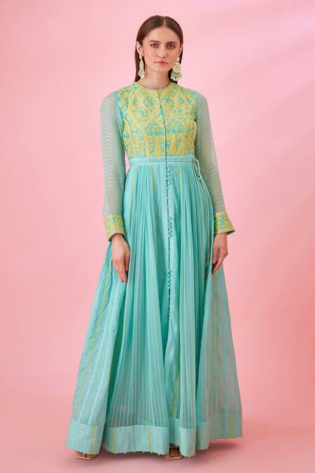 Shyam Narayan Prasad_Blue Modal, Chanderi, Net Embroidery Round Neck Floral Patchwork Anarkali Set _Online_at_Aza_Fashions