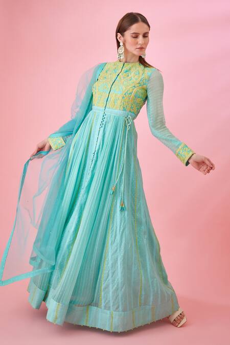 Shyam Narayan Prasad_Blue Modal, Chanderi, Net Embroidery Round Neck Floral Patchwork Anarkali Set _at_Aza_Fashions