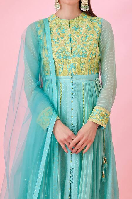 Buy_Shyam Narayan Prasad_Blue Modal, Chanderi, Net Embroidery Round Neck Floral Patchwork Anarkali Set 