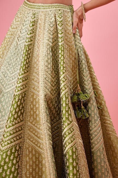 Shyam Narayan Prasad_Green Silk, Brocade, Net Embroidery, Gota Chevron Panelled Bridal Lehenga Set _Online_at_Aza_Fashions