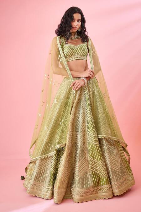 Shop_Shyam Narayan Prasad_Green Silk, Brocade, Net Embroidery, Gota Chevron Panelled Bridal Lehenga Set _Online_at_Aza_Fashions