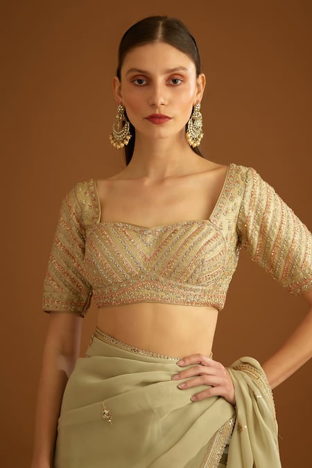 Shyam Narayan Prasad_Green Organza Embroidered Zardozi Sweetheart Neck Work Saree With Blouse _at_Aza_Fashions