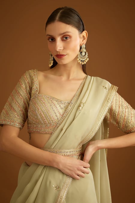 Buy_Shyam Narayan Prasad_Green Organza Embroidered Zardozi Sweetheart Neck Work Saree With Blouse _Online_at_Aza_Fashions